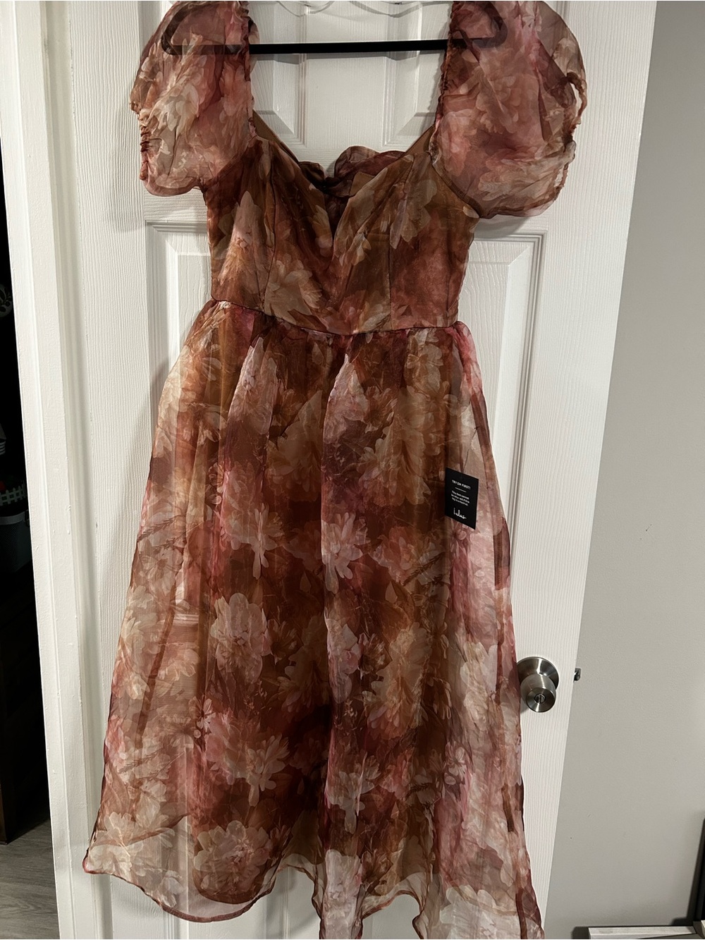 Lulus Lovely Statement Light Brown Floral Organza Tie-Back Midi Dress NWT